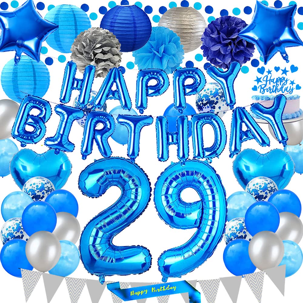 29th Birthday Party Decorations Set - Blue Happy Birthday Banner, Sash, Cake Topper, Number 29 Confetti, Latex Balloons & Paper Lanterns for 29 Years Old Celebration - Perfect for Adult Birthday Parties, Milestone Events & Surprise Decorations