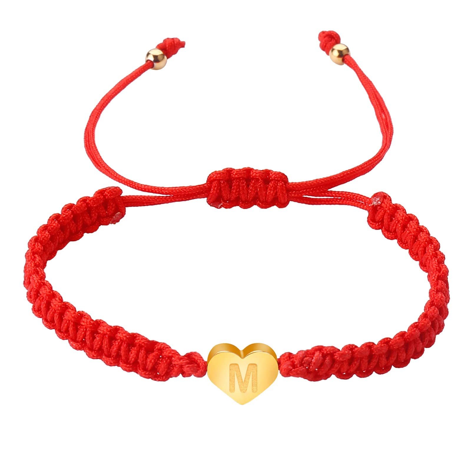 Personalized 26 Initial Gold Plated Letter Woven Bracelet with Dainty Heart Charm - Adjustable Red Beaded Bracelet for Men, Women & Girls - Perfect for Gifts, Anniversaries & Everyday Fashion Jewelry (One Size)