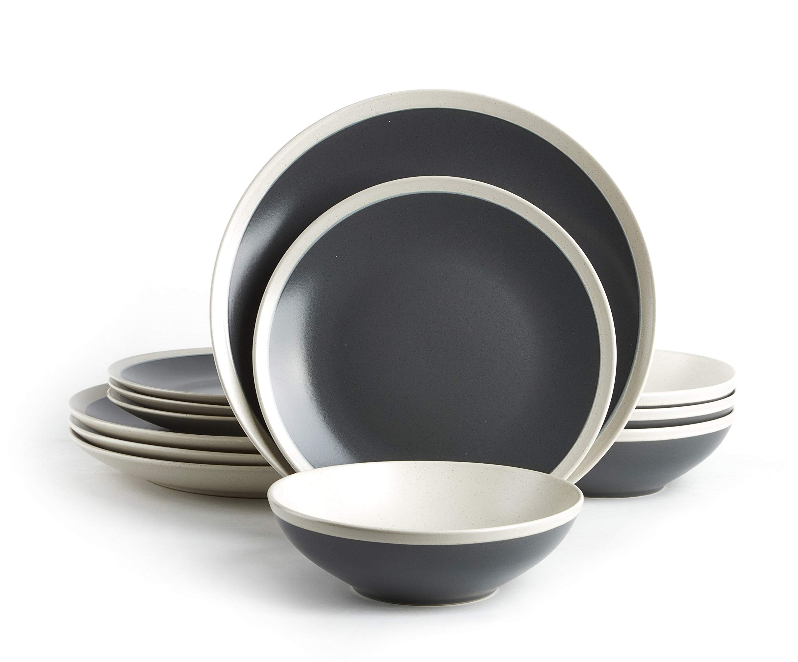 Premium Rock Ridge Speckled Stoneware Dinnerware Set - 12 Piece Gray & Ivory Porcelain Plates & Bowls Set - Elegant Dinnerware for Home, Restaurant & Special Occasions