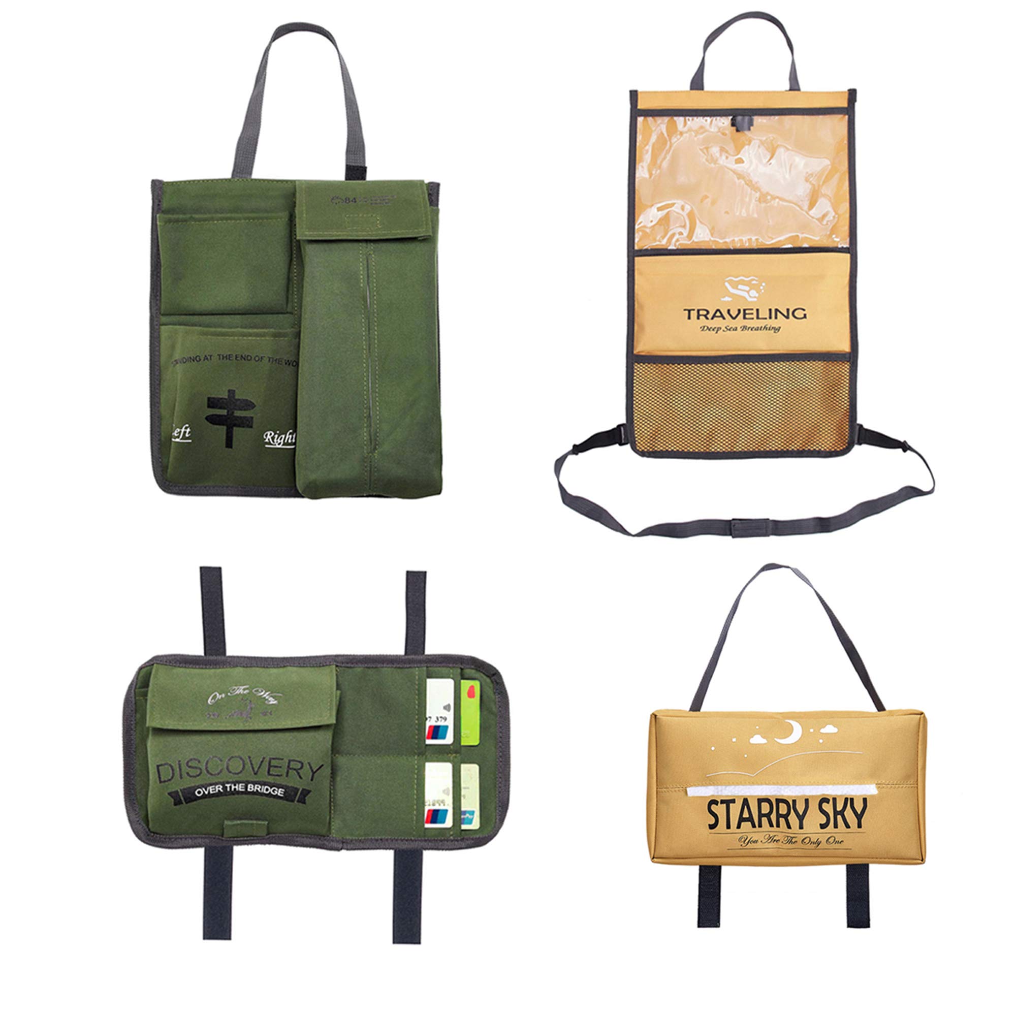 Auto Car Seat Back Pocket Organizers - 4 Pack Durable Nylon Storage Bags for Purse, Tablet, Phone & Documents | Sun Visor Tissue Holder | Perfect for Road Trips & Daily Commutes