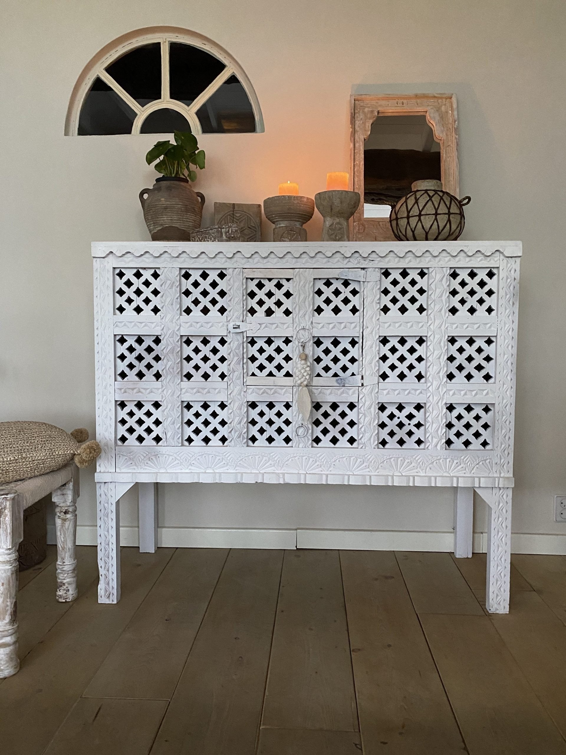 Damchiya Cupboard Djara White Jali 126x48x102 cm - Stylish Storage Cabinet for Living Room, Bedroom & Office Organization