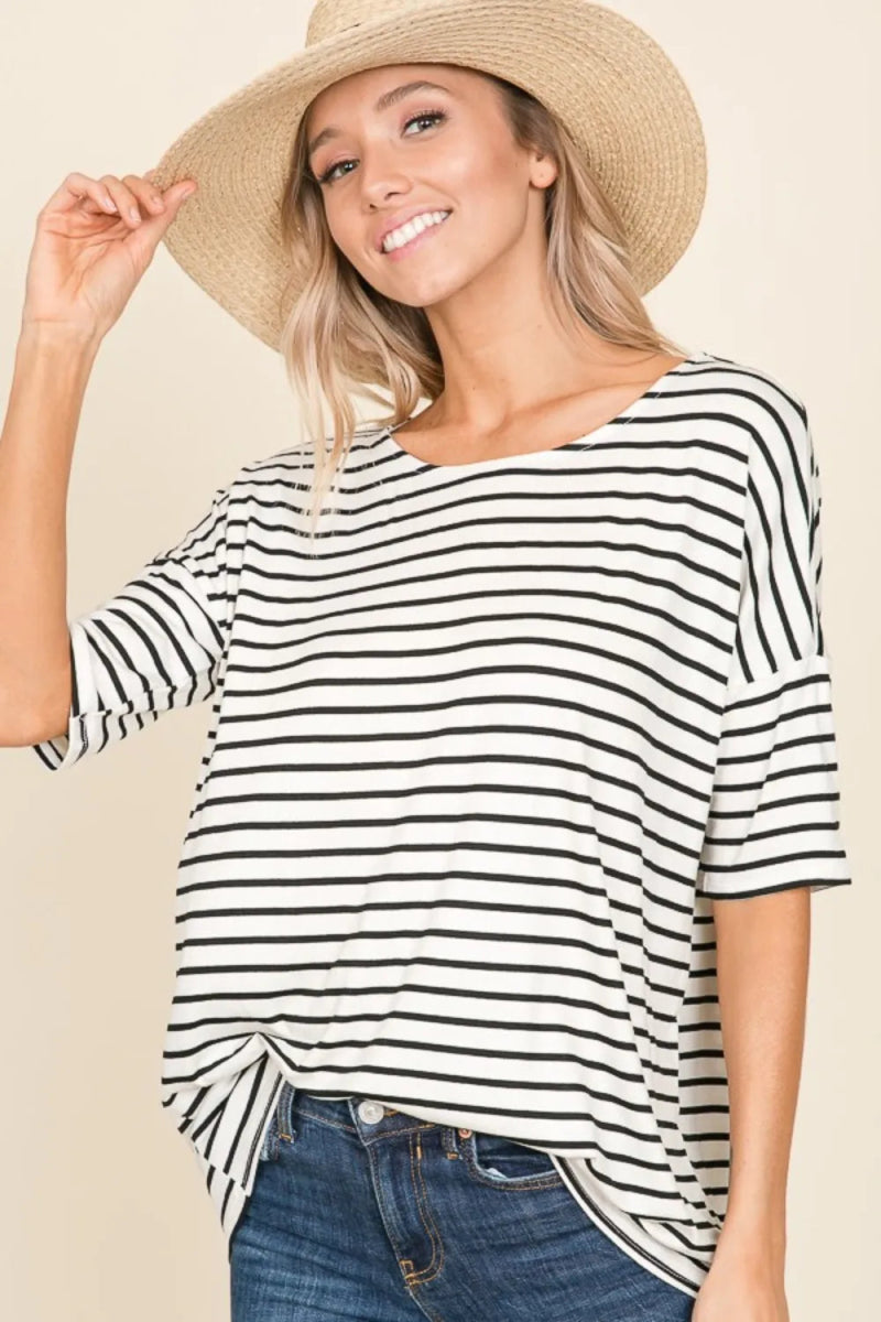 BOMBOM Striped Round Neck T-Shirt for Men & Women | Casual Comfort Fit Cotton Tee | Perfect for Everyday Wear, Outings & Relaxing