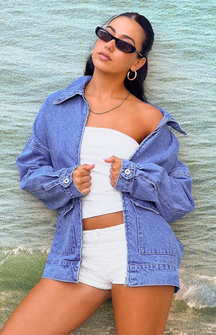Abigail Mid Wash Denim Bomber Jacket for Women - Stylish Vintage Denim Jacket with Button Front & Pockets | Perfect for Casual Outfits, Streetwear & Spring Layering