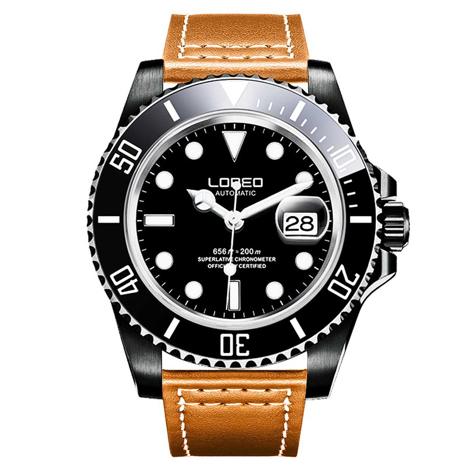 LOREO Men's Automatic Watch - Black Stainless Steel Case, Sapphire Crystal, Rotating Bezel, Genuine Leather Band - Perfect for Business, Casual & Outdoor Activities