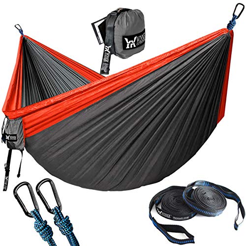 Portable Double Camping Hammock for 2 Person - Lightweight Nylon Survival Hanging Chair for Outdoor, Travel & Garden - Red & Charcoal Parachute Hammock (Perfect for Backpacking, Beach & Backyard Relaxation)