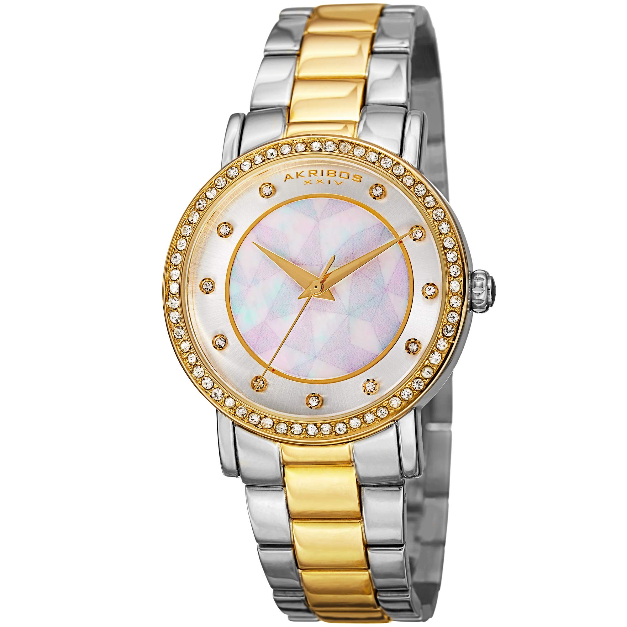 Akribos Women's Mother of Pearl Mosaic Dial Watch with Crystal Hour Markers & Stainless Steel Bracelet - Elegant Dress Watch for Business, Party & Special Occasions - AK880