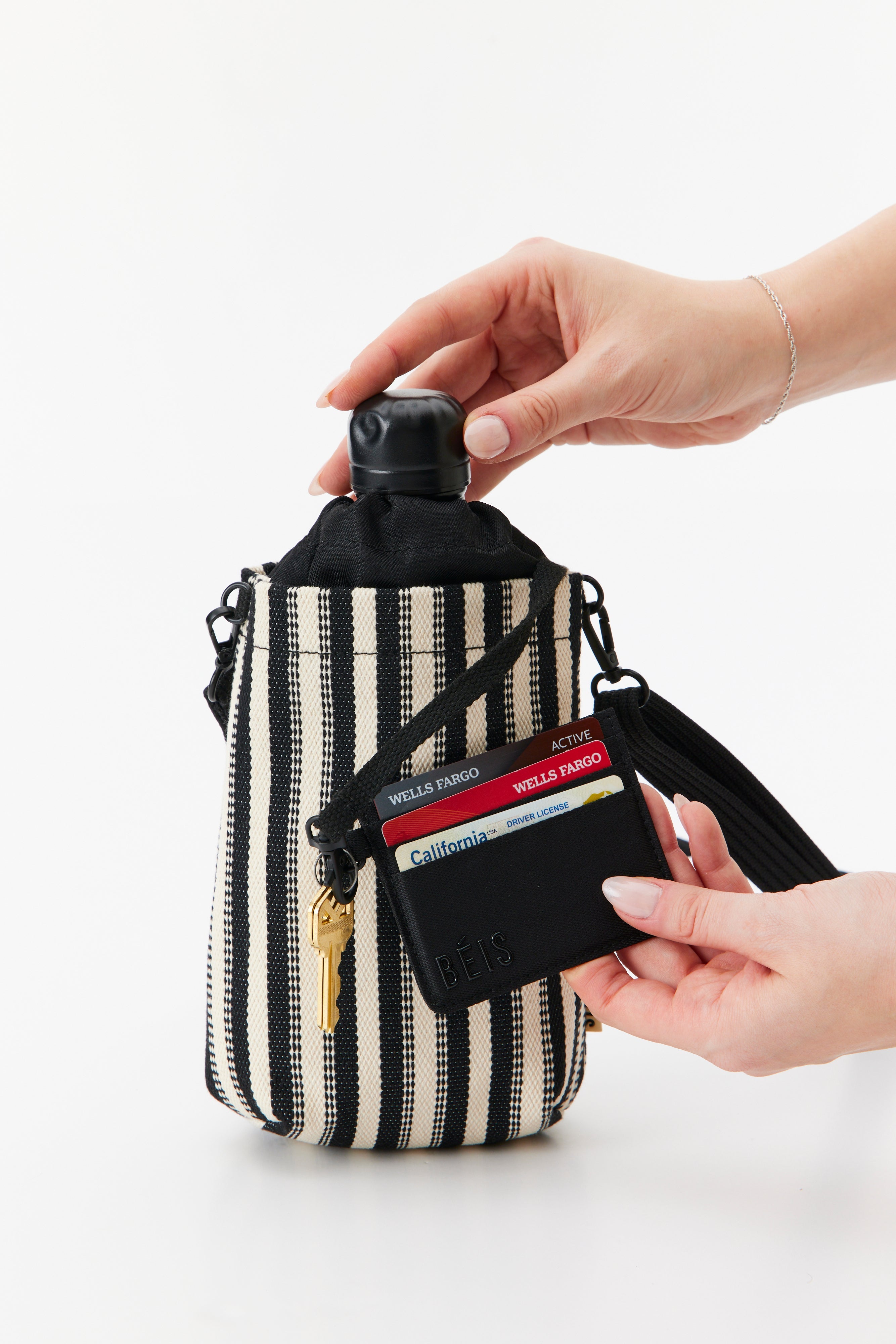 Black Stripe Crossbody Water Bottle - Leak-Proof & Hands-Free Hydration for Hiking, Gym & Travel