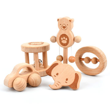 5-Piece Wooden Baby Rattle Set - Natural Teething Toys for Newborns & Infants - Perfect Baby Shower Gift & Early Learning Sensory Toy for Playtime & Developmental Milestones