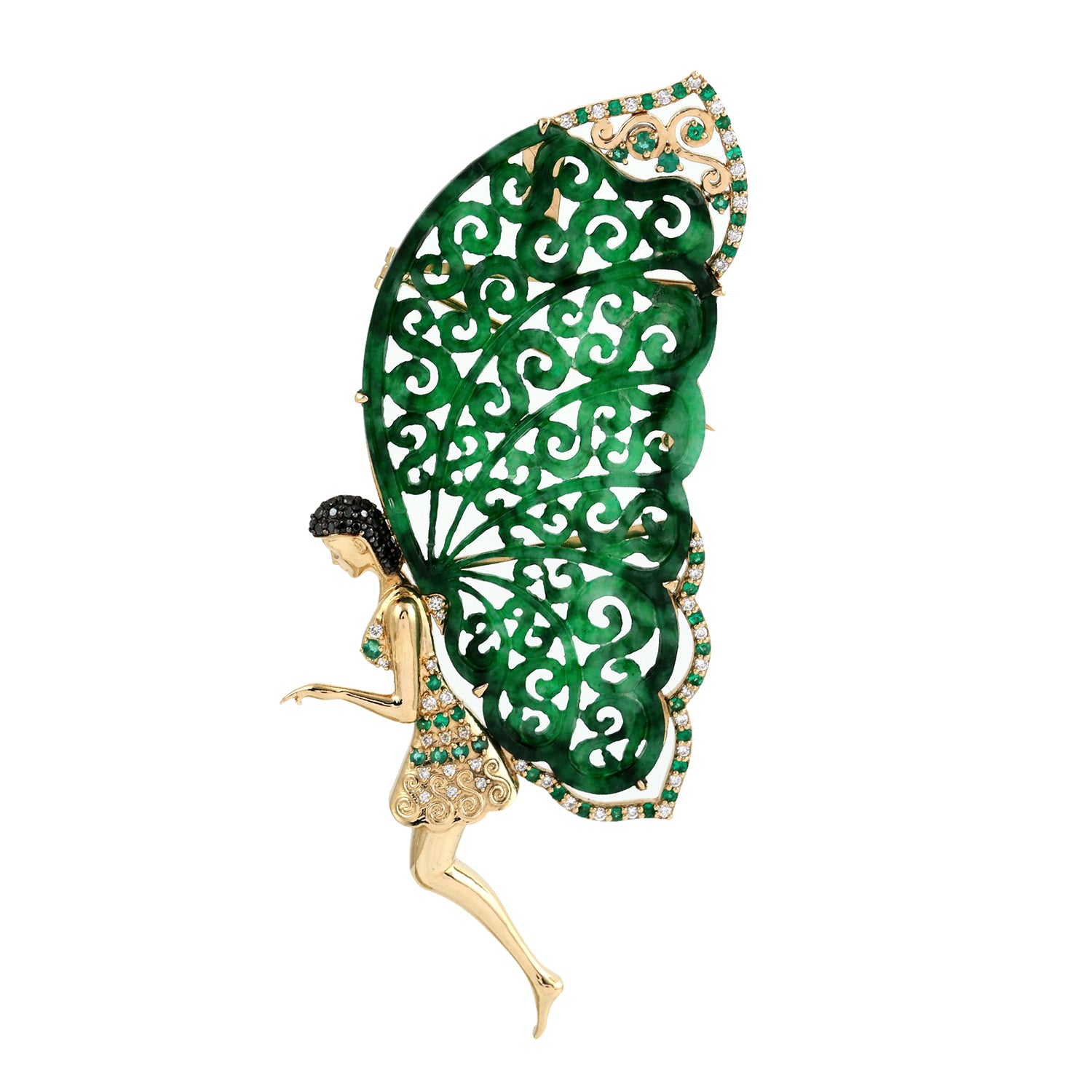 Exquisite 14K Gold Angel Brooch with Carved Jade, Emerald & Diamond Accents – Perfect for Weddings, Anniversaries & Special Occasions