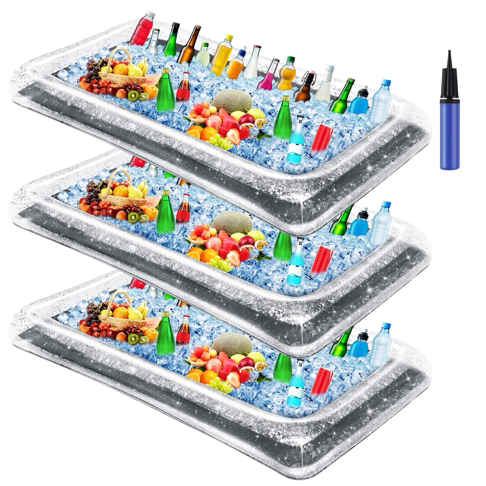 3-Piece Inflatable Serving Tray for Salads, Ice, Food & Drinks - Portable Buffet Container for Picnics, Pool Parties & Outdoor Events - Includes Drain Plug & Hand Pump - 53 x 23.6 x 4.7 Inches (Silver)