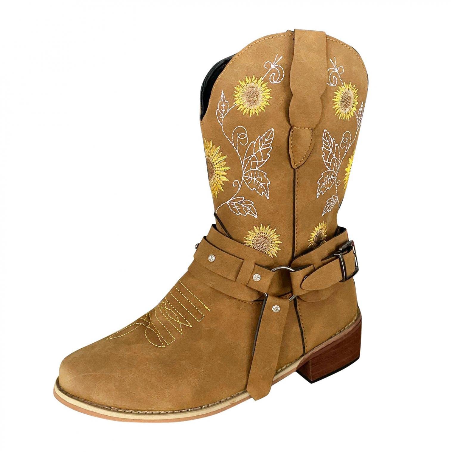 Masbird Women's Cowboy Boots - Square Toe Wide Calf Western Boots with Sunflower Embroidery & Chunky Heel | Perfect for Country Music Festivals, Rodeo Events & Western Fashion Outfits