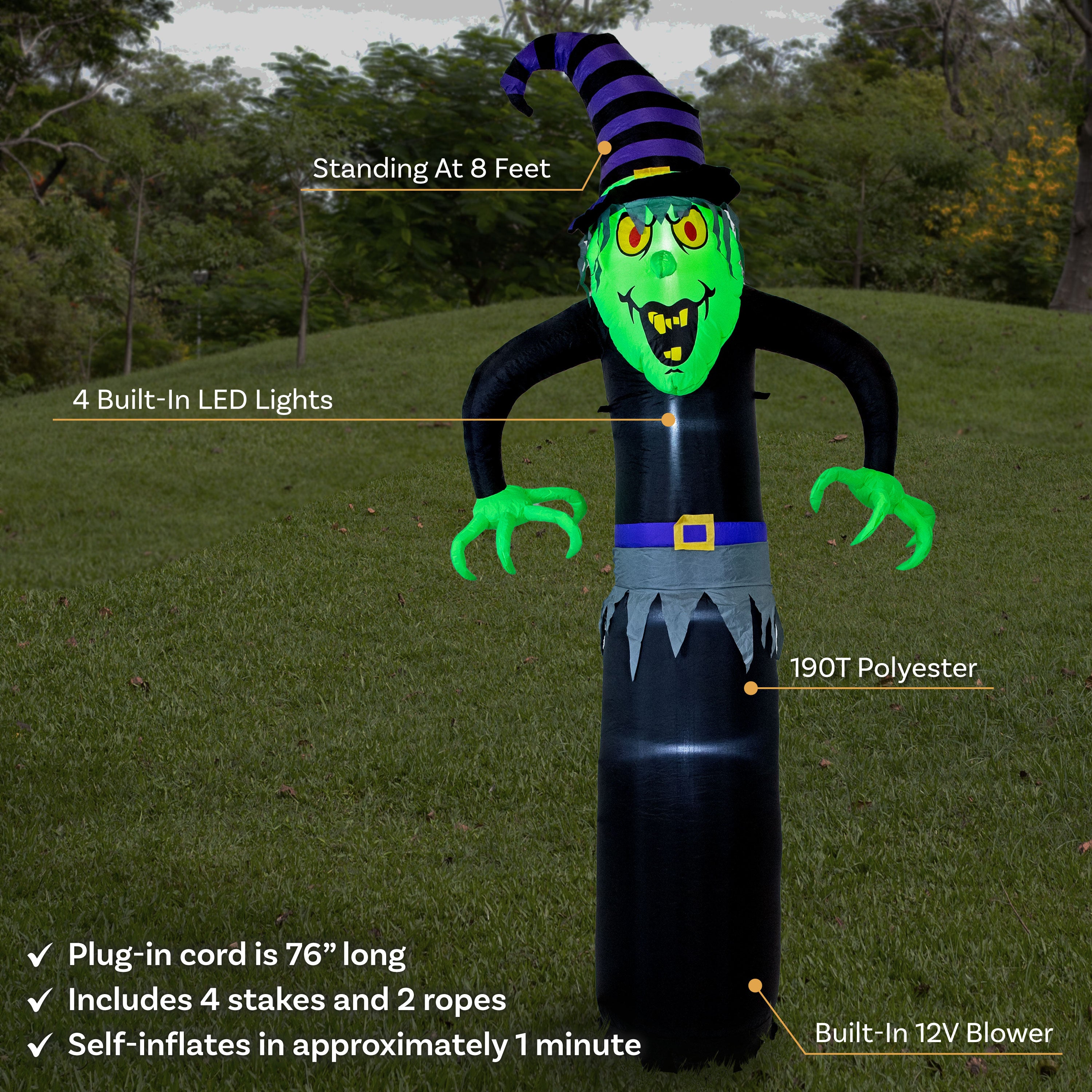 Sunnydaze 8' Winifred the Wicked Witch Inflatable Halloween Decoration - Spooky Outdoor Yard Decor for Halloween Party & Haunted House