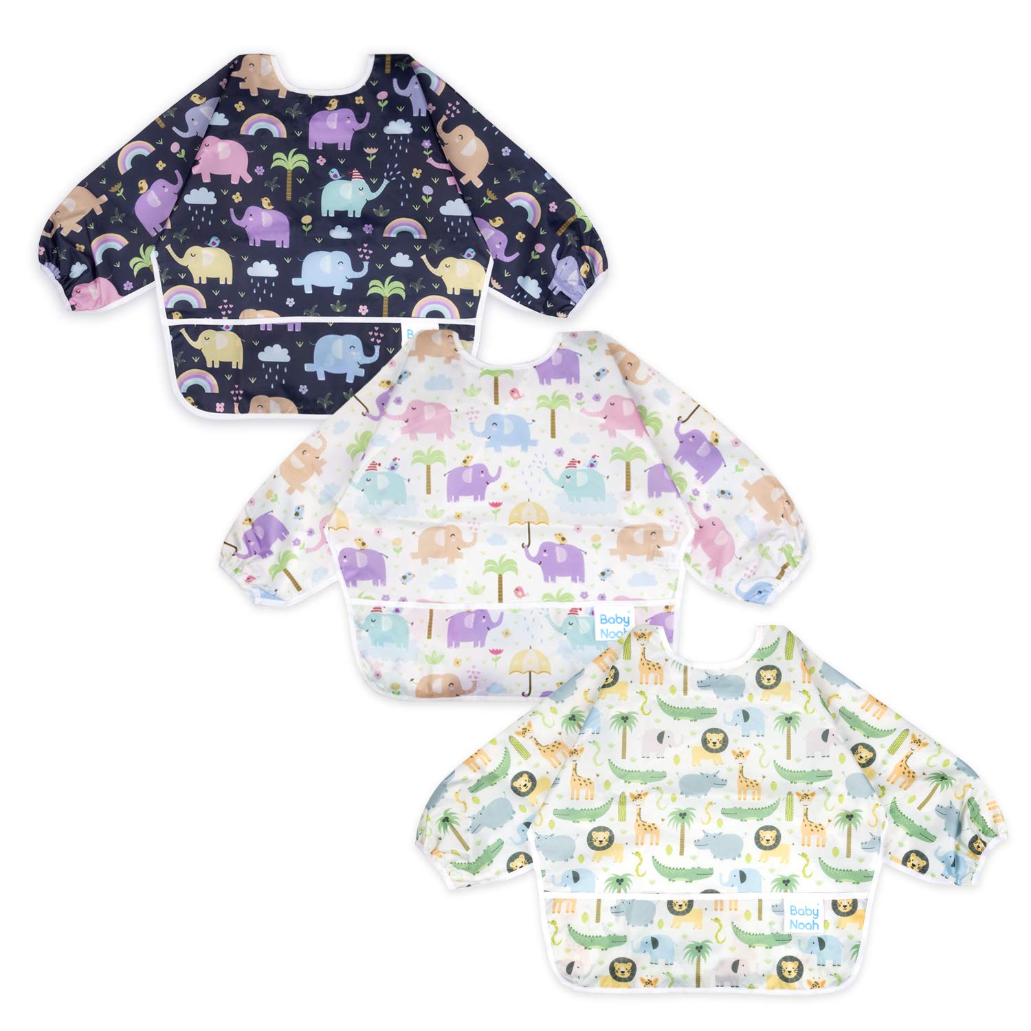 3 Pcs Baby Waterproof Bib Set with Sleeves & Pocket - for Toddlers 6-24 Months - Mealtime & Playtime Protection