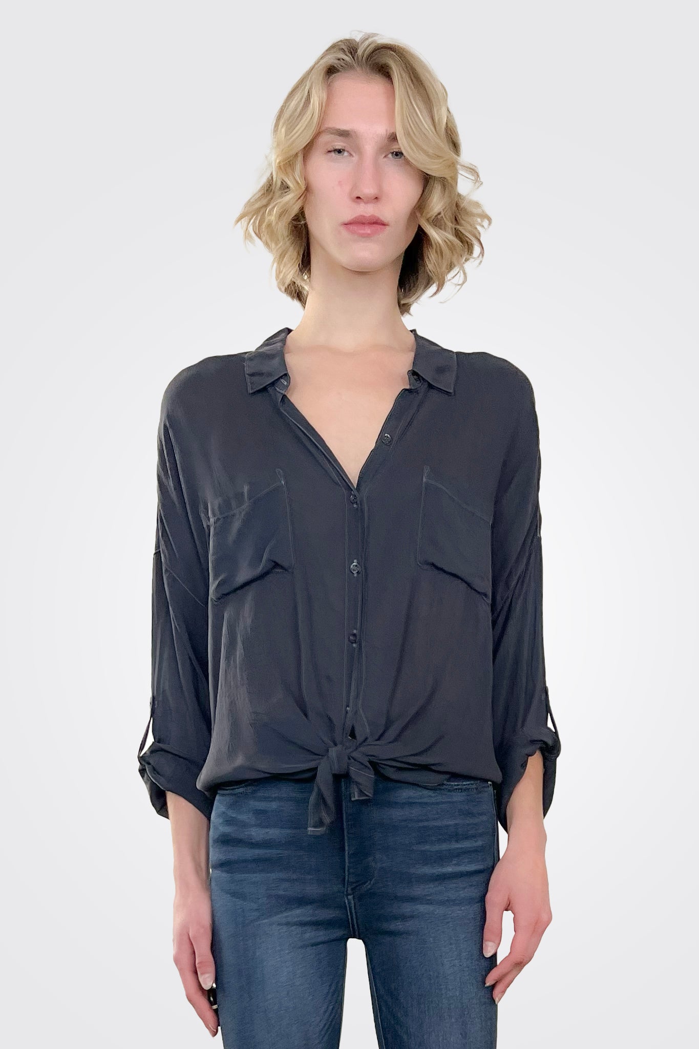 Cargo Pocket Tie Front Top in Midnight - Stylish Women's Casual Shirt for Outdoor Adventures & Everyday Wear