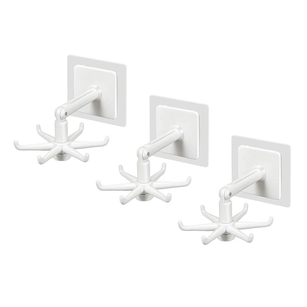365Home 360° Rotating Folding Wall Mount Kitchen Utensil Holder - 6 Self-Adhesive Hooks for Organizing Spoons, Ladles & Cooking Tools - Space Saving Solution for Kitchen, Bathroom & Cabinet (White, 3-Pack) - Perfect for Small Spaces & Clutter-Free Home Organization