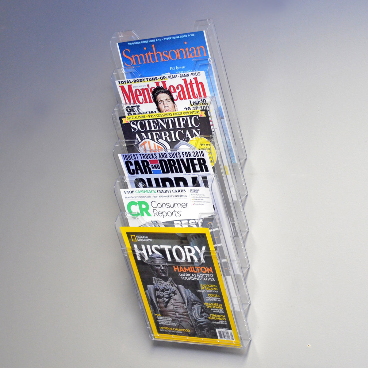 6-Pocket Clear Cascading Magazine Rack - Space-Saving Modular Wall Organizer for Office & Home - Expandable Top/Bottom & Side-by-Side - Perfect for Books, Magazines, Catalogs & Office Literature Display