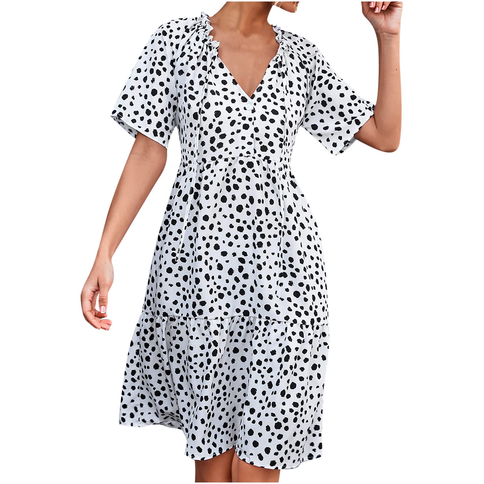 Women's Summer Dresses 2023 - Casual Sexy Short Sleeve Printed Ruffled V-Neck Tie Dot Swing Dress with Belt | Gabbie Ruffle Trim Side Slit | Perfect for Beach Vacation, Date Night & Summer Parties