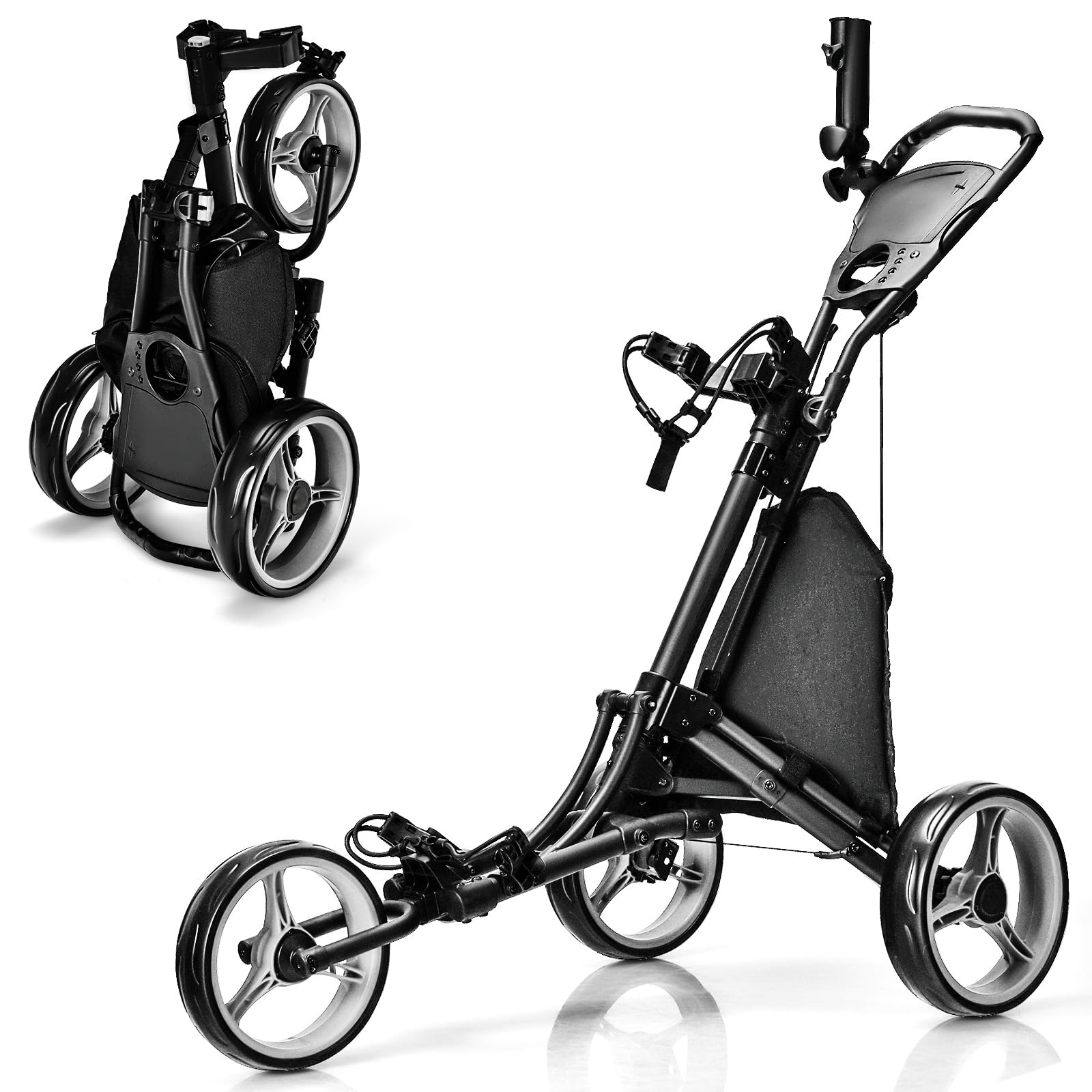 ULTIMATE 3 Wheel Golf Push Cart - Lightweight Aluminum Folding Golf Caddy with Elastic Strap, Umbrella Holder, Cup Holder & Scoreboard Storage | Adjustable Handle & Foot Brake | Perfect for Walking Golfers on Course or Practice Range