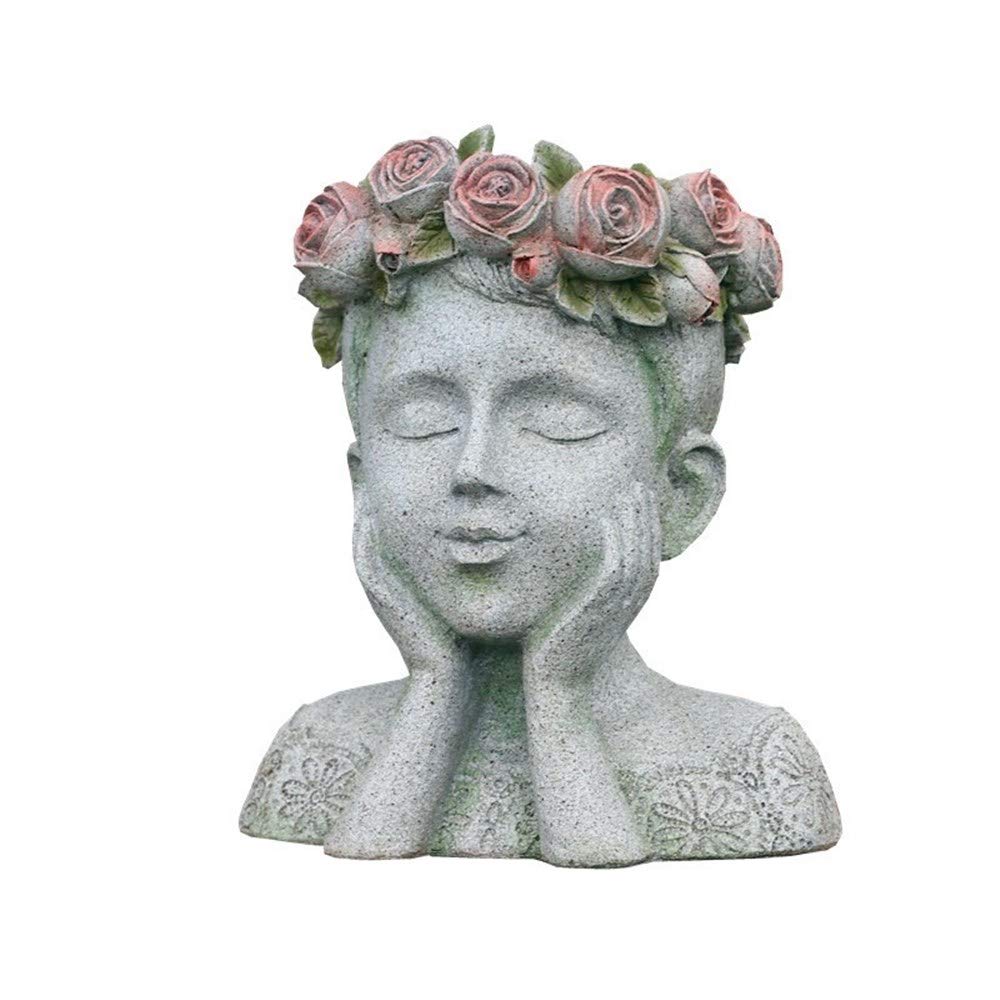 Handmade Garden Statue Decor - Three Little Birds Perched on Girl's Floral Wreath Head Planter | Outdoor & Indoor Home Ornament for Patio, Yard, Living Room Decor