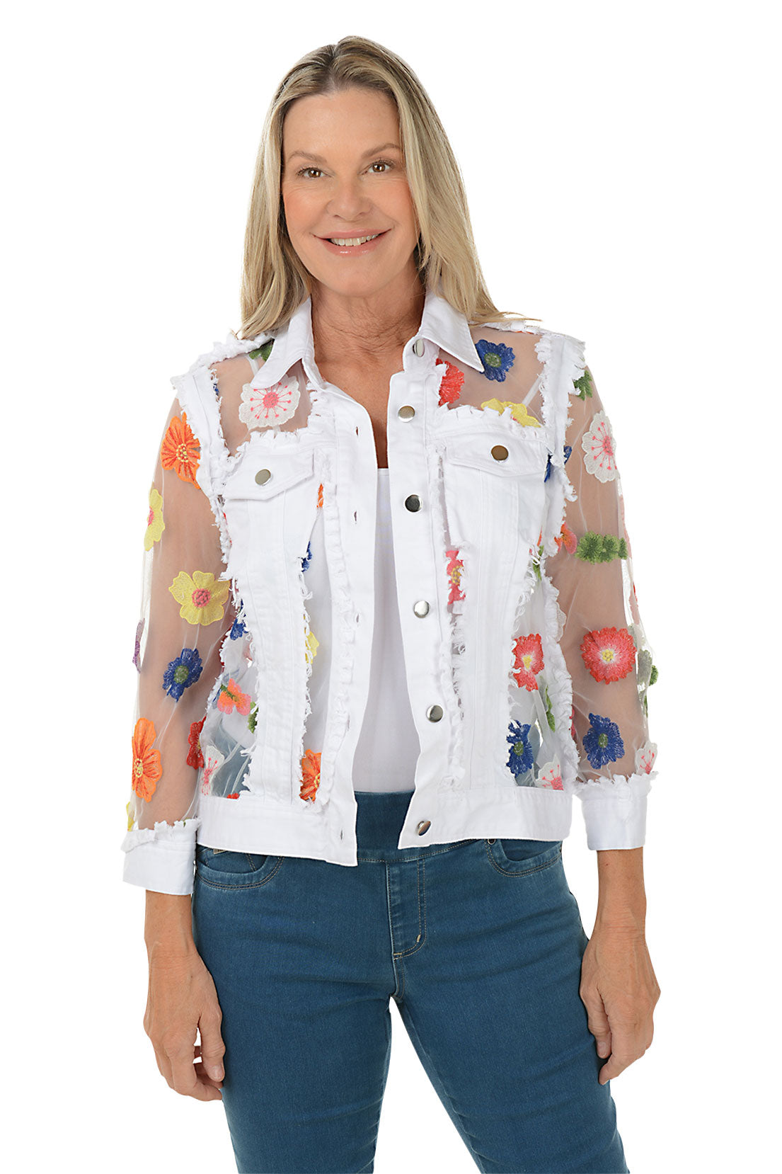 Stylish Embroidered Floral Sheer Denim Jacket for Women - Lightweight Spring Fashion Top for Casual Outings & Date Nights