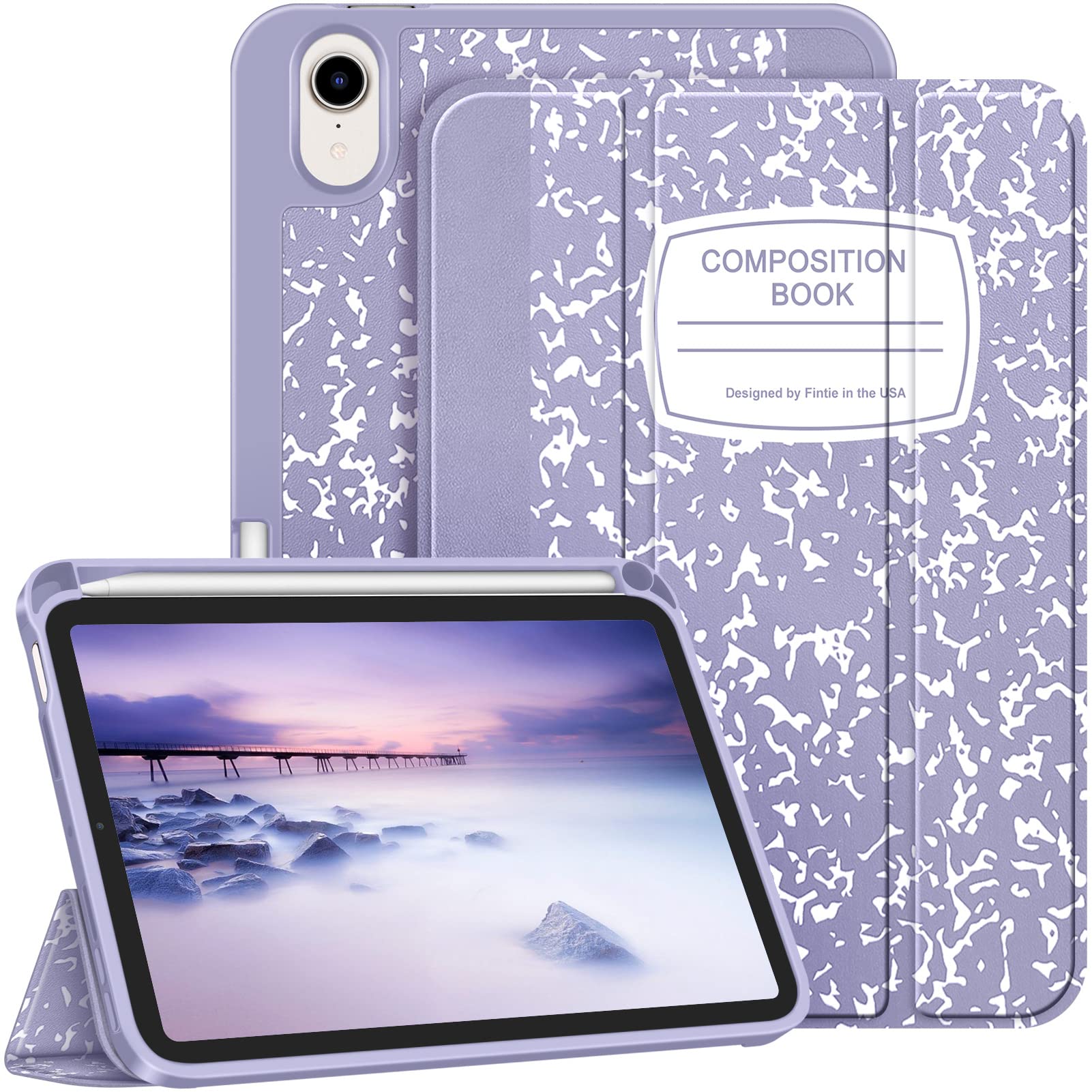 Fintie SlimShell Case for iPad Mini 7 (A17 Pro, 7th Gen 2024) & iPad Mini 6 (6th Gen 8.3 Inch) - Soft TPU Protective Stand Cover with Built-in Pencil Holder, Composition Lilac - Perfect for Work, School & Travel