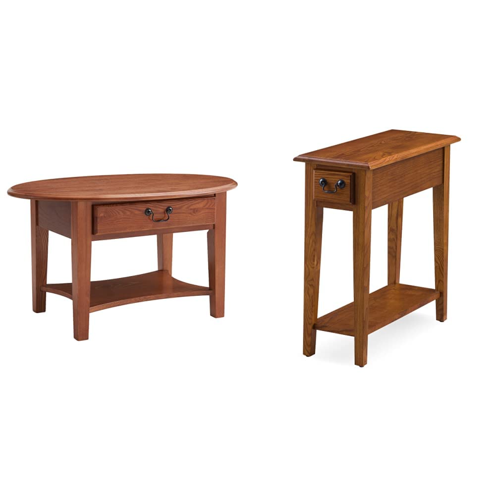 Leick Solid Wood Side End Table & Oval Coffee Table with Storage Drawers - Handcrafted Rustic Oak Finish - Perfect for Living Room, Bedroom, or Office Furniture