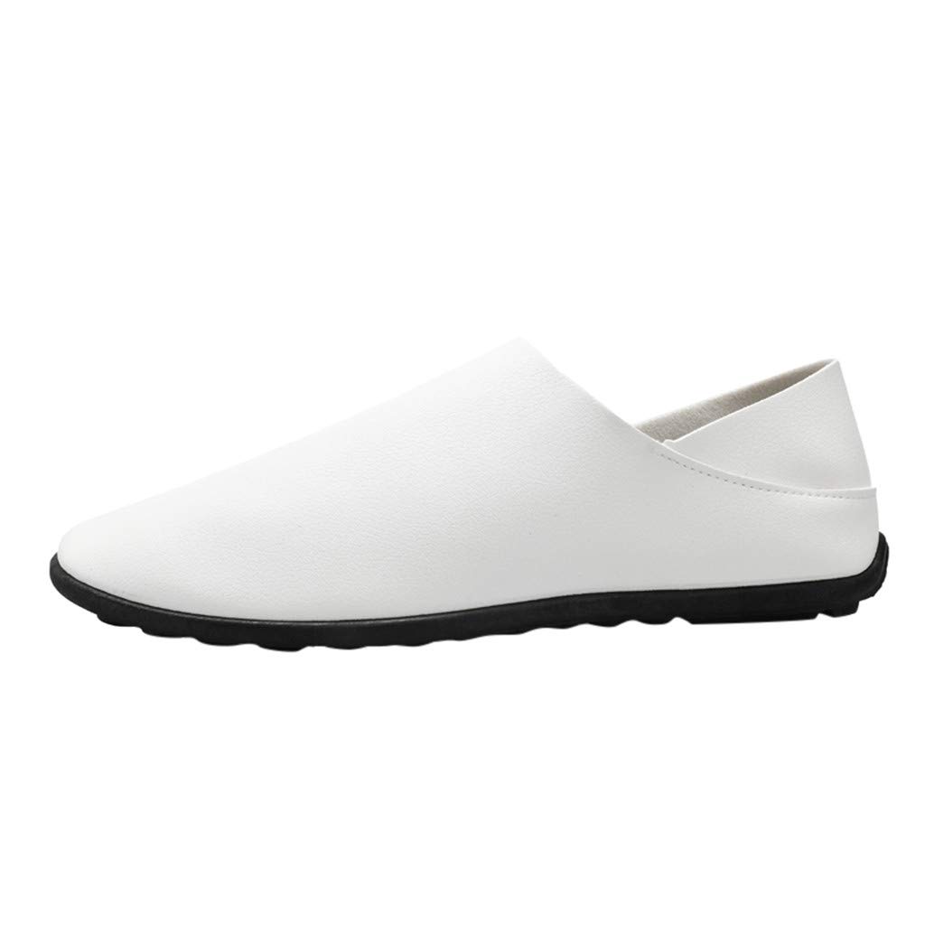 EnJoCho Men's Casual Leather Slip-On Shoes - Breathable Stitching Loafers for Men, Soft & Comfortable (White, Size 7) | Perfect for Office, Travel & Daily Wear