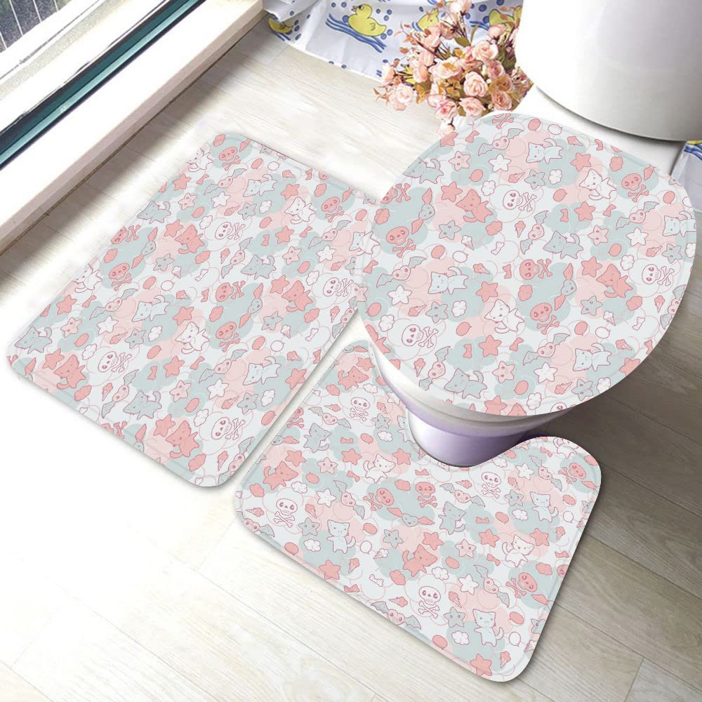 Yakuna Doodle Cartoon 3-Piece Bathroom Rug Set - Cute Cat, Bat & Skull Design, Japanese Kawaii Style, Non-Slip Water Absorbent Bath Mat with U-Shaped Contour Mat & Toilet Lid Cover in Light Pink - Perfect for Kids' Bathroom, Nursery, or Kawaii-Themed Home Decor