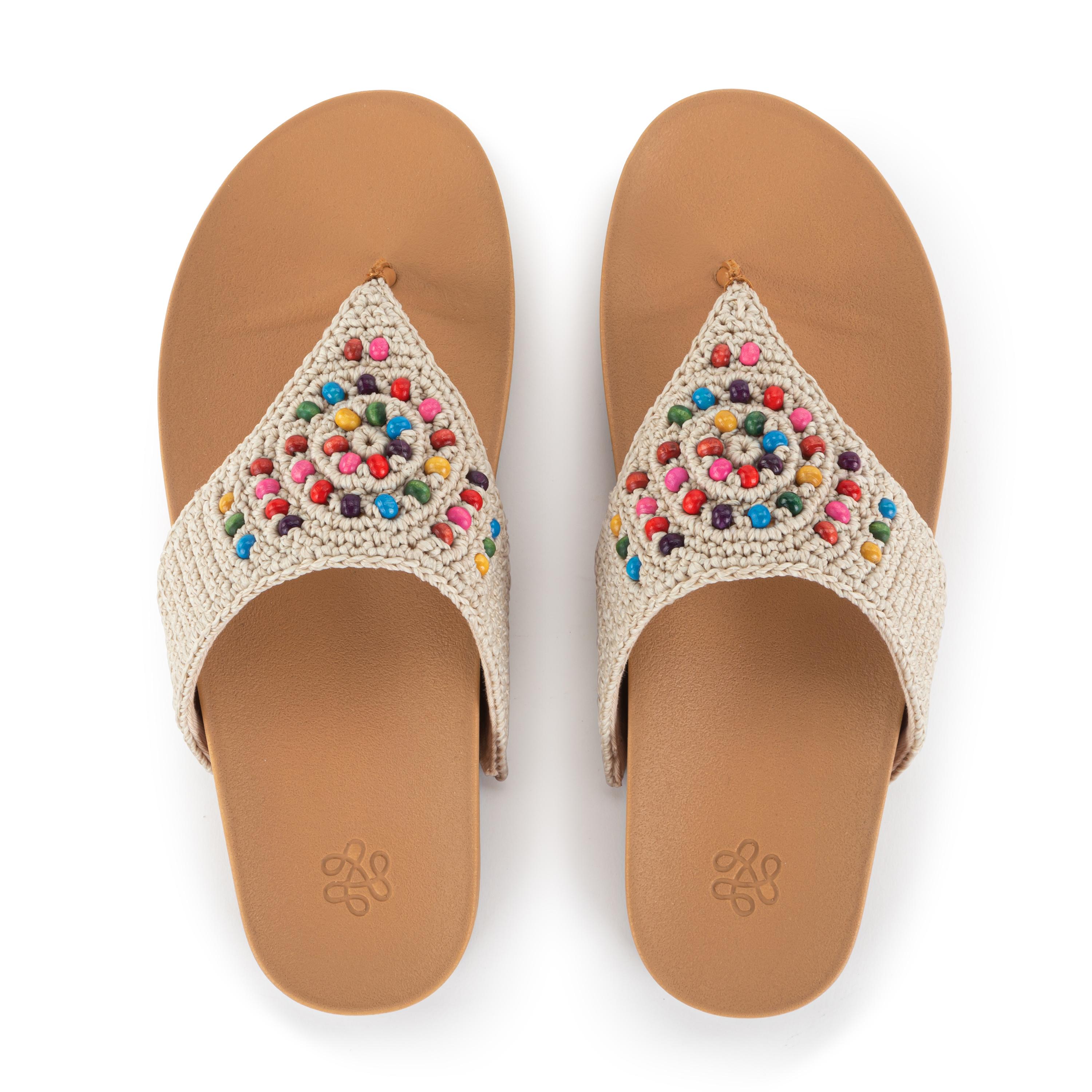 Everly Sandal - Hand Crochet Women's Sandals with Ecru Multi Beads - Boho Chic Beach & Summer Casual Footwear