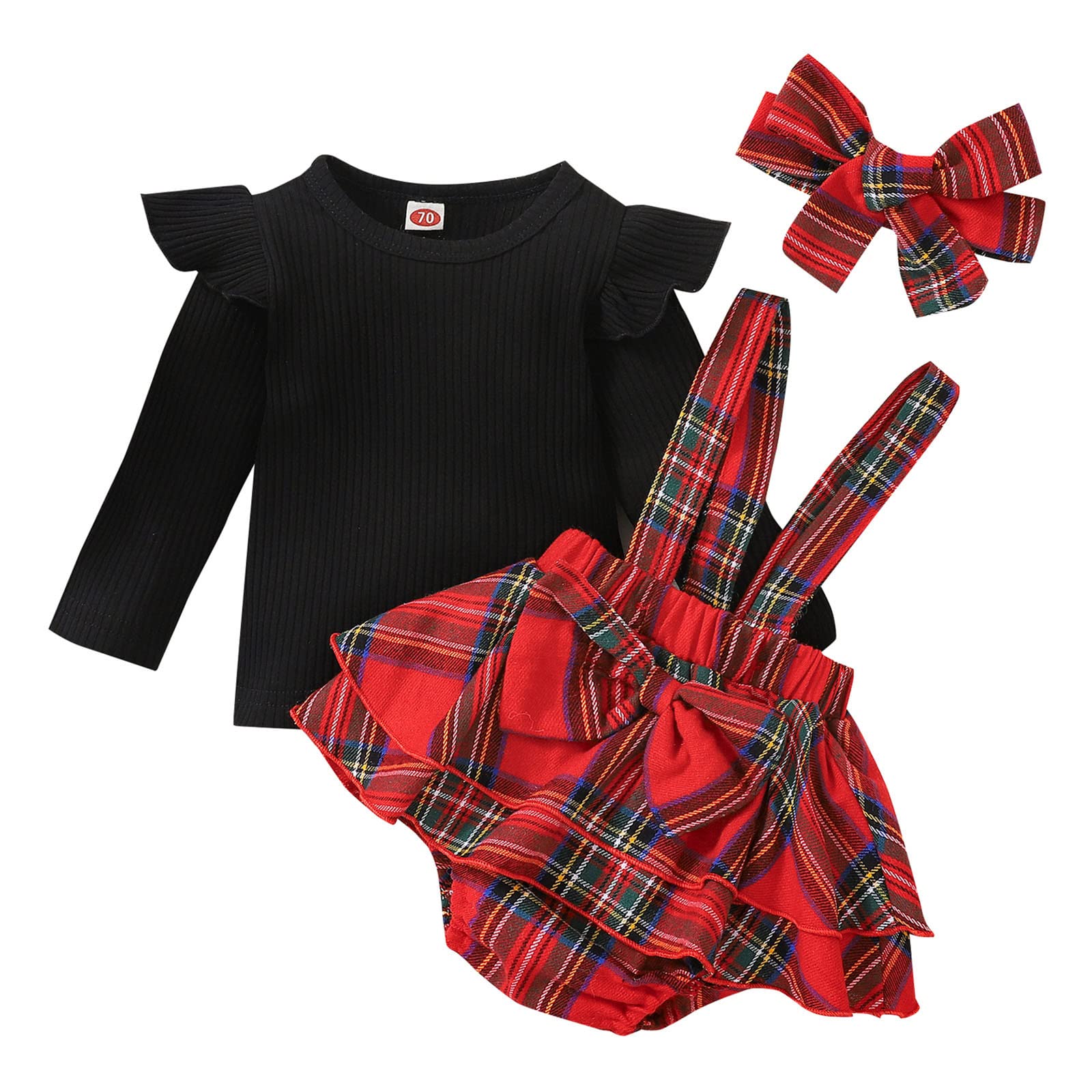 Baby Halloween Outfits for Girls - Ribbed Long Sleeve T-Shirt with Ruffles, Plaid Suspenders Shorts & Headband Set | Cute Infant Costume for Trick-or-Treating, Photo Shoots & Halloween Parties