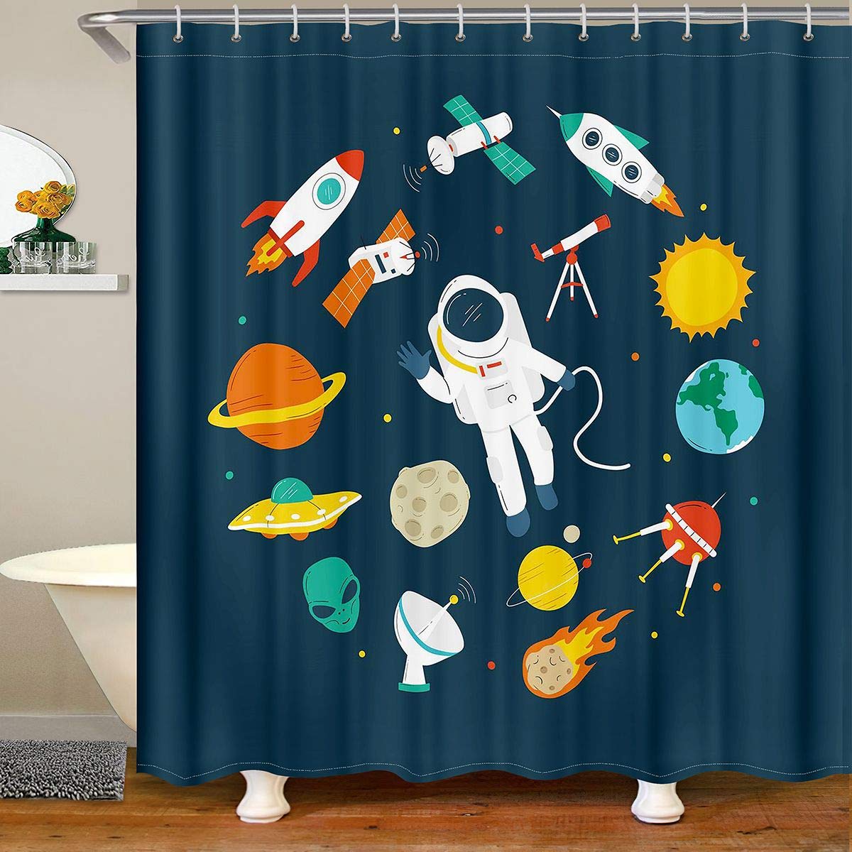 Feelyou Astronaut Shower Curtain - Space Rocket & Galaxy Print Bathroom Decor, Waterproof 72x72 Inch Shower Curtain Set for Bathtub & Shower Stalls - Perfect for Kids Room, Space Themed Bathroom & Sci-Fi Home Decor