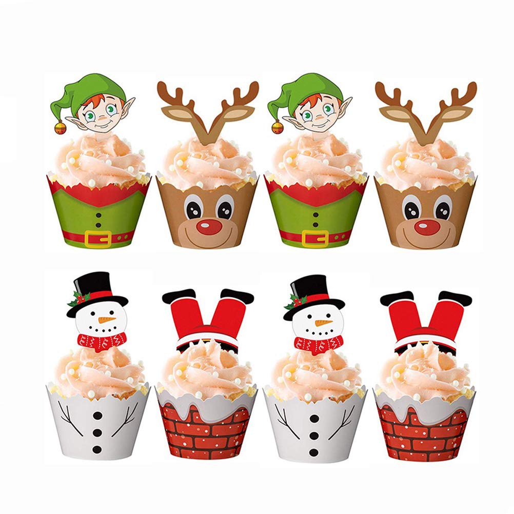 Healifty 24PCS Christmas Cake Decorations Set - 12 Cake Wrappers & 12 Cake Toppers for Cupcakes, Cakes, Desserts - Perfect for Holiday Baking, Christmas Party, and Festive Dessert Decorating