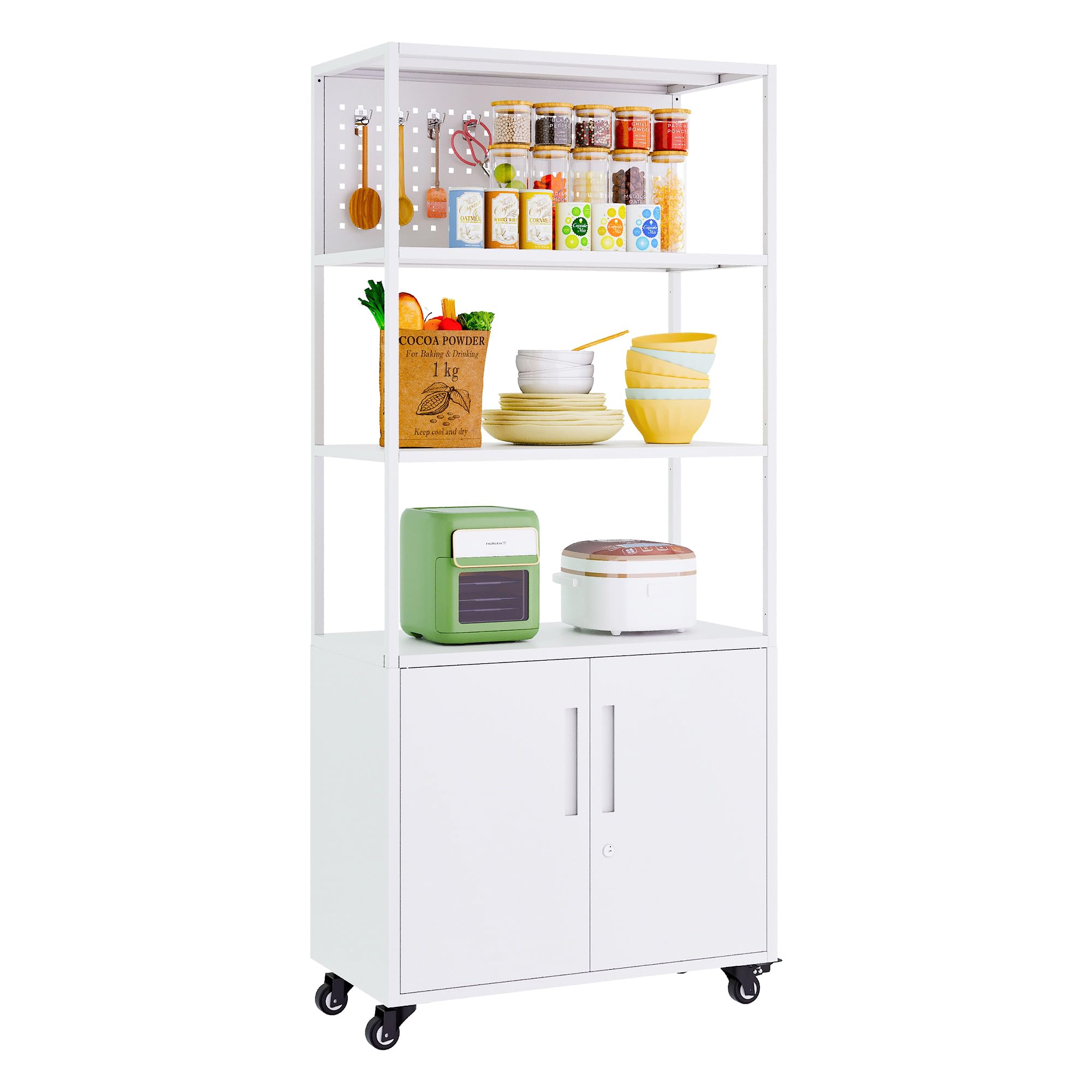 LISSIMO White Storage Cabinet with Pegboard & Hooks - Kitchen Spice Organizer, Pantry Shelf, Rolling Cart with Wheels - Lockable File Cabinet with Open Shelves for Home Office & Kitchen Organization - Perfect for Small Spaces & Clutter-Free Storage