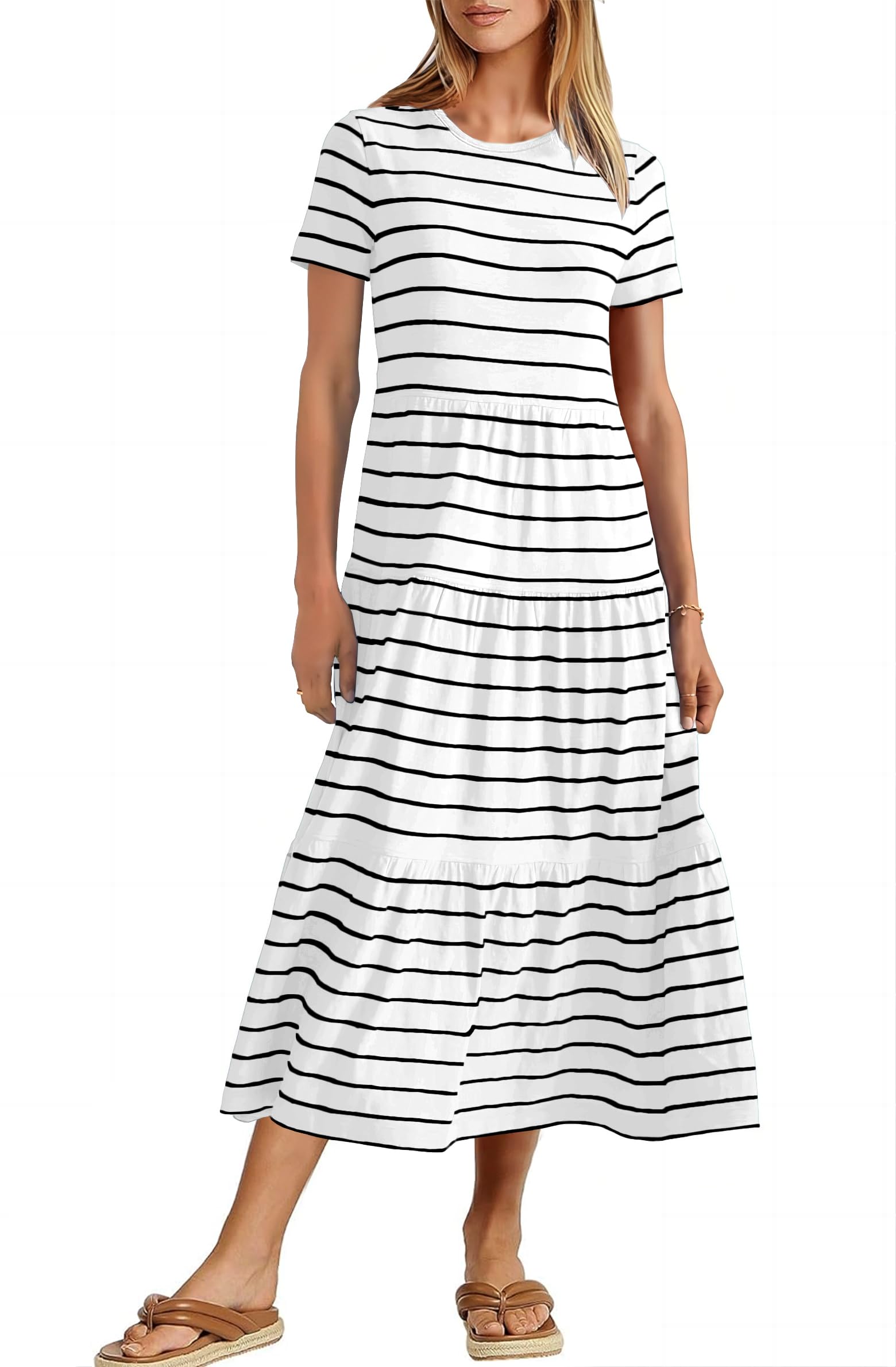 MITILLY Women's 2025 Summer Casual Short Sleeve Striped Tiered Swing T-Shirt Dress with Pockets | Beach Maxi Dress for Vacation, Outing & Daily Wear