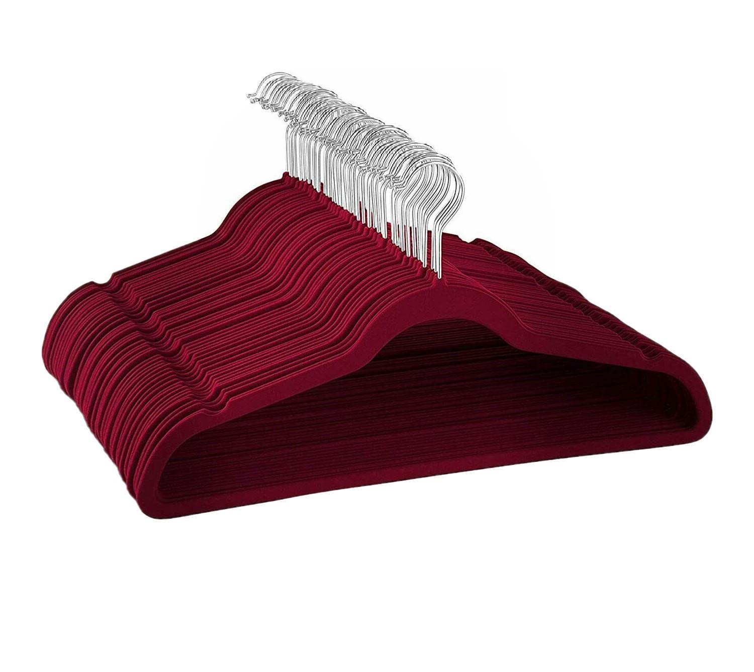 Burgundy Velvet Hangers - 100 Pack Non-Slip 360° Swivel Hook Space Saving Closet Organizers | Perfect for Wardrobe Storage, Travel & Small Spaces