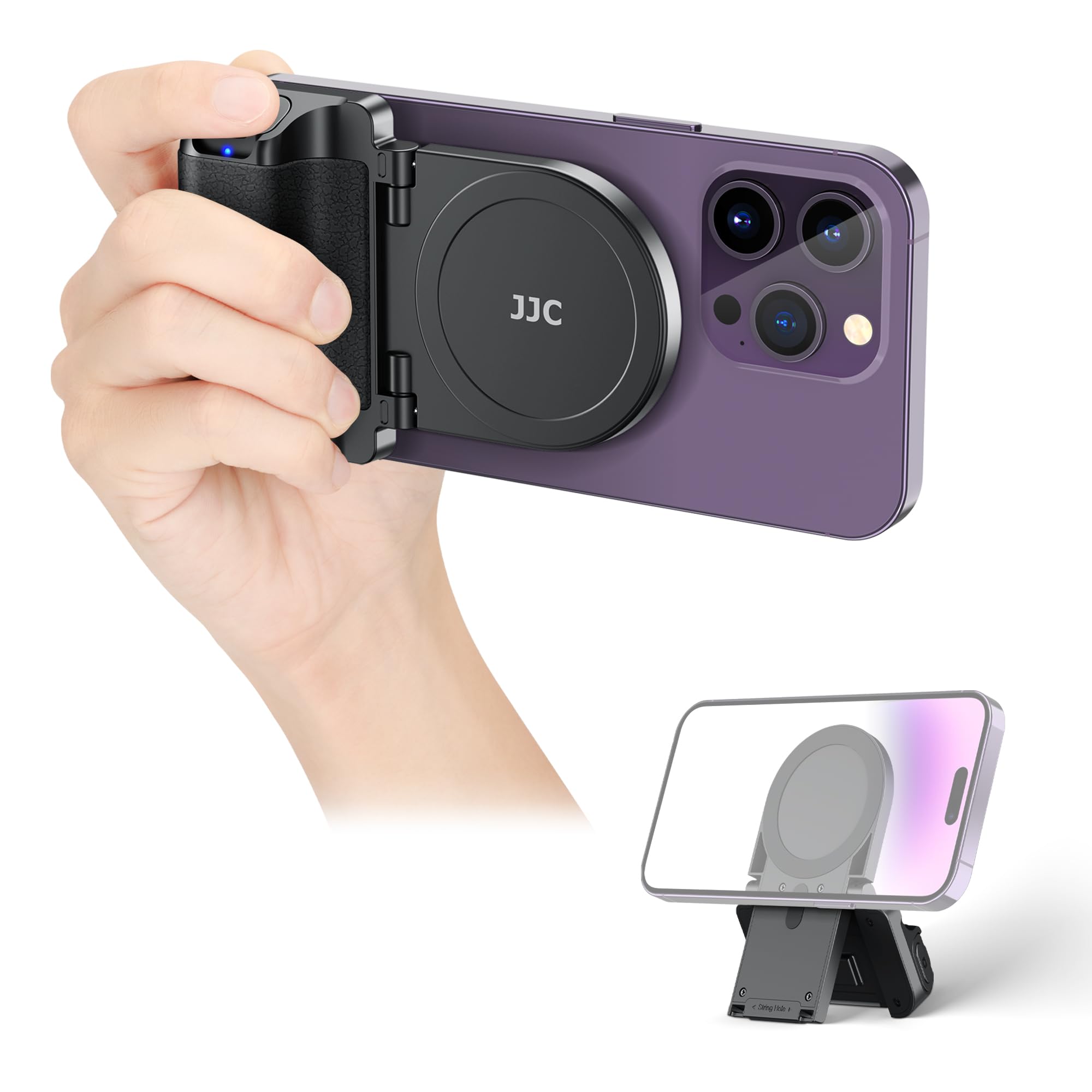 JJC Magnetic Phone Camera Grip Handle with Wireless Shutter Remote - Magsafe Compatible Bluetooth Bracket for iPhone 15/14/13/12 & Android Smartphones - 1/4