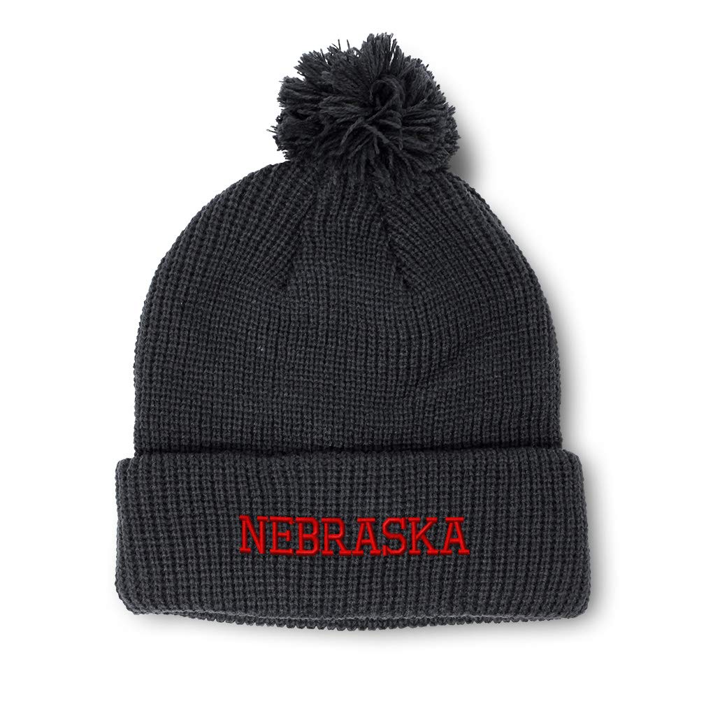 Women's Pom Pom Beanie with Nebraska State USA B Embroidery - Warm Winter Skull Cap for Cold Weather, Outdoor Activities & Casual Fashion