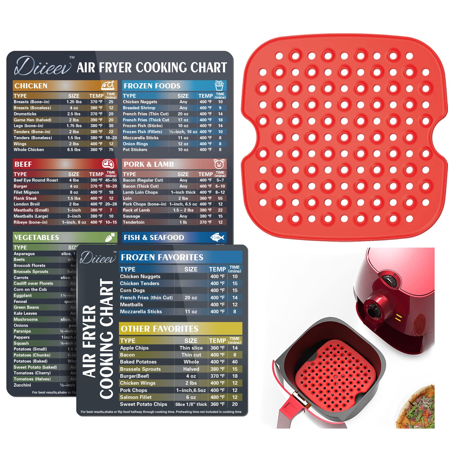 Air Fryer Magnetic Cheat Sheet Set & Reusable Silicone Liners - Cooking Time Guide for Perfect Fried Food - Large 7.5