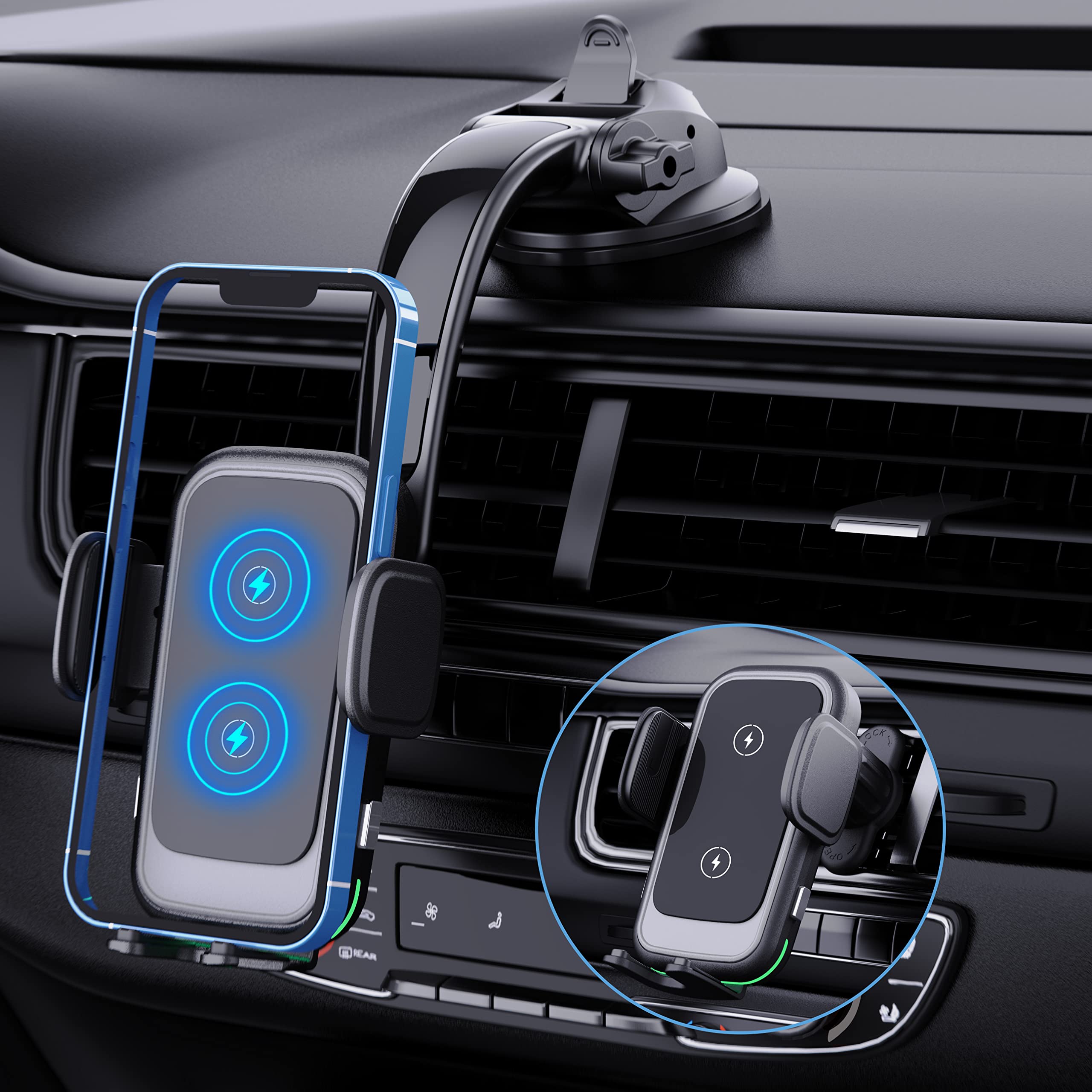 15W Qi Fast Wireless Car Charger - Auto Clamping Phone Mount for iPhone, Samsung, Google, LG | Air Vent & Dashboard Holder | Perfect for Commuting, Road Trips & Hands-Free Charging