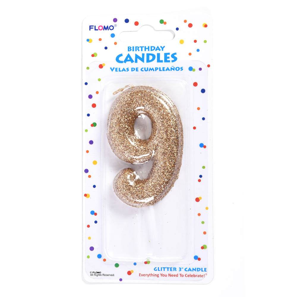 Gold Glitter Number 9 Birthday Candle - 2.75 Inch Single Pack for Birthday Cakes, Cupcakes & Party Decorations