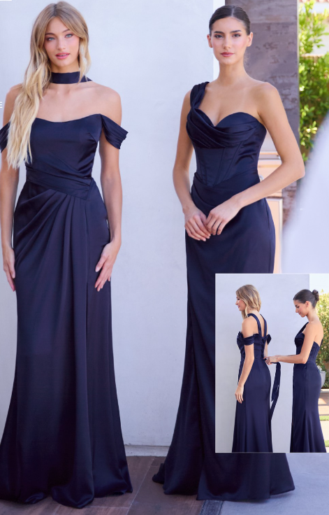 Emerson Off The Shoulder Lace Up Corset Luxe Satin Gown - Navy Blue Formal Evening Dress for Prom, Wedding & Special Occasions