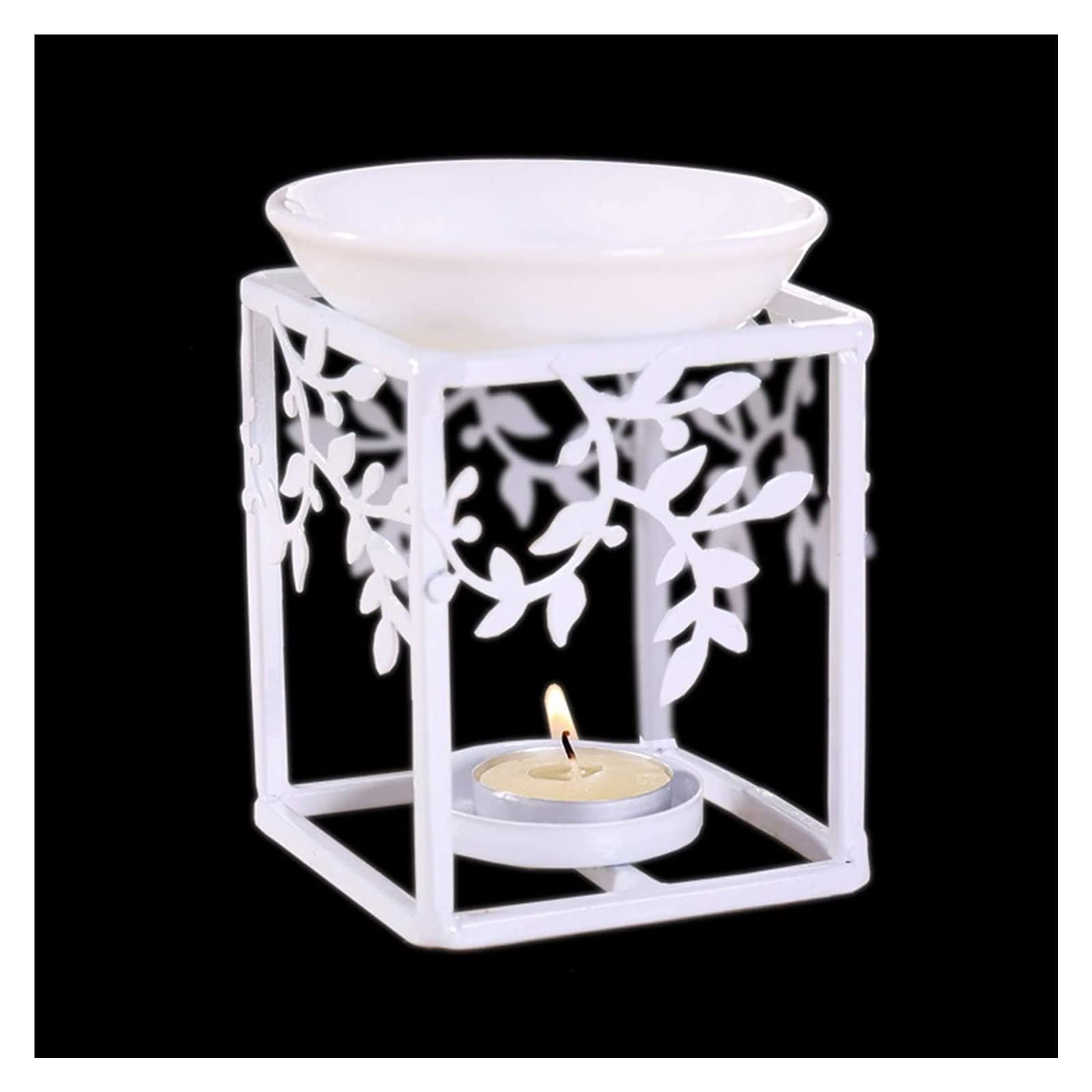Floral Design Metal Oil Burner - White Candle Tealight Holder & Aromatherapy Diffuser for Home, Bedroom, Spa - Essential Oil Warmer & Decorative Home Decor