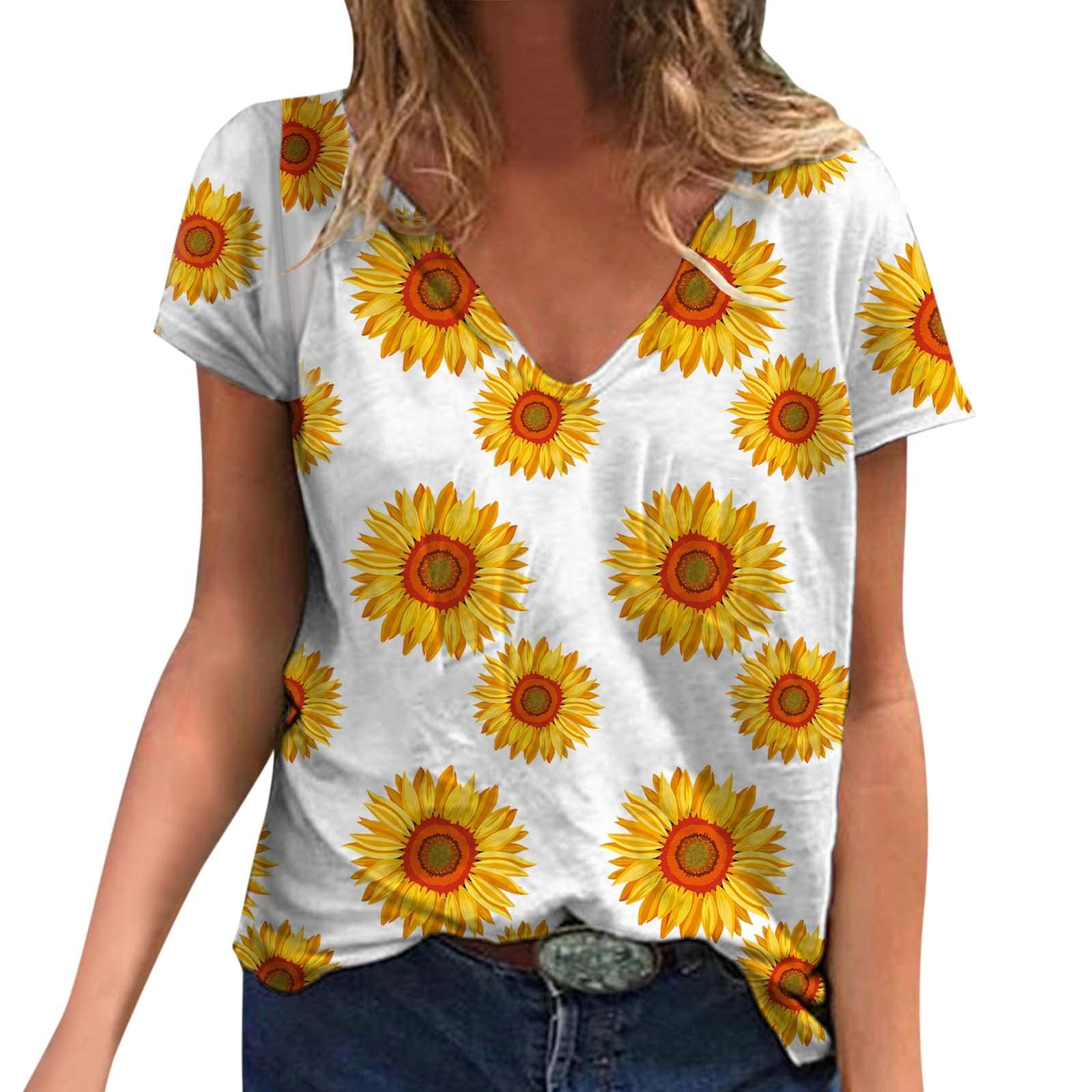 Women's Casual Short Sleeve Sunflower Graphic T-Shirt - V-Neck Loose Fit Tunic Tee for Summer | Perfect for Beach Outings, Weekend Wear & Casual Fashion