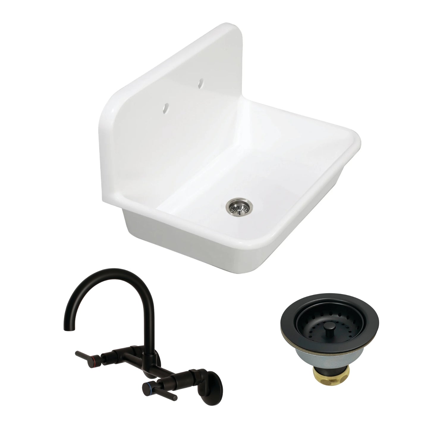 Arcticstone 30 Inch White Top Mount Single Bowl Kitchen Sink with Matte Black Wall Mount Bridge Faucet & Basket Strainer - Perfect for Modern Farmhouse & Contemporary Kitchen Designs