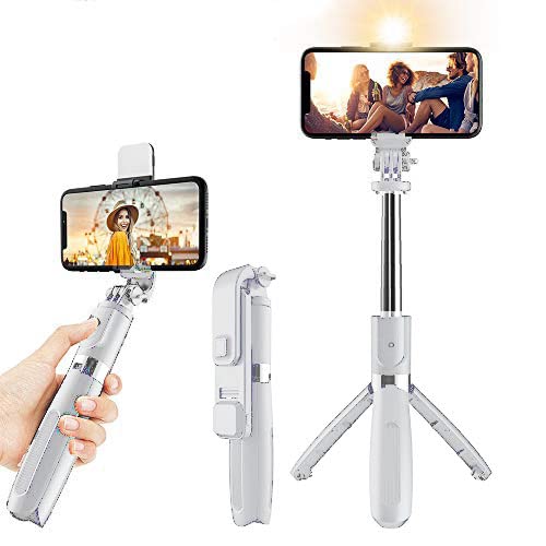 Portable 41 Inch Wireless Bluetooth Selfie Stick with 3-Level Fill Light, Extendable Phone Tripod & Remote Shutter for iPhone, Android, Samsung - Perfect for Vlogging, Travel & Group Photos (White)
