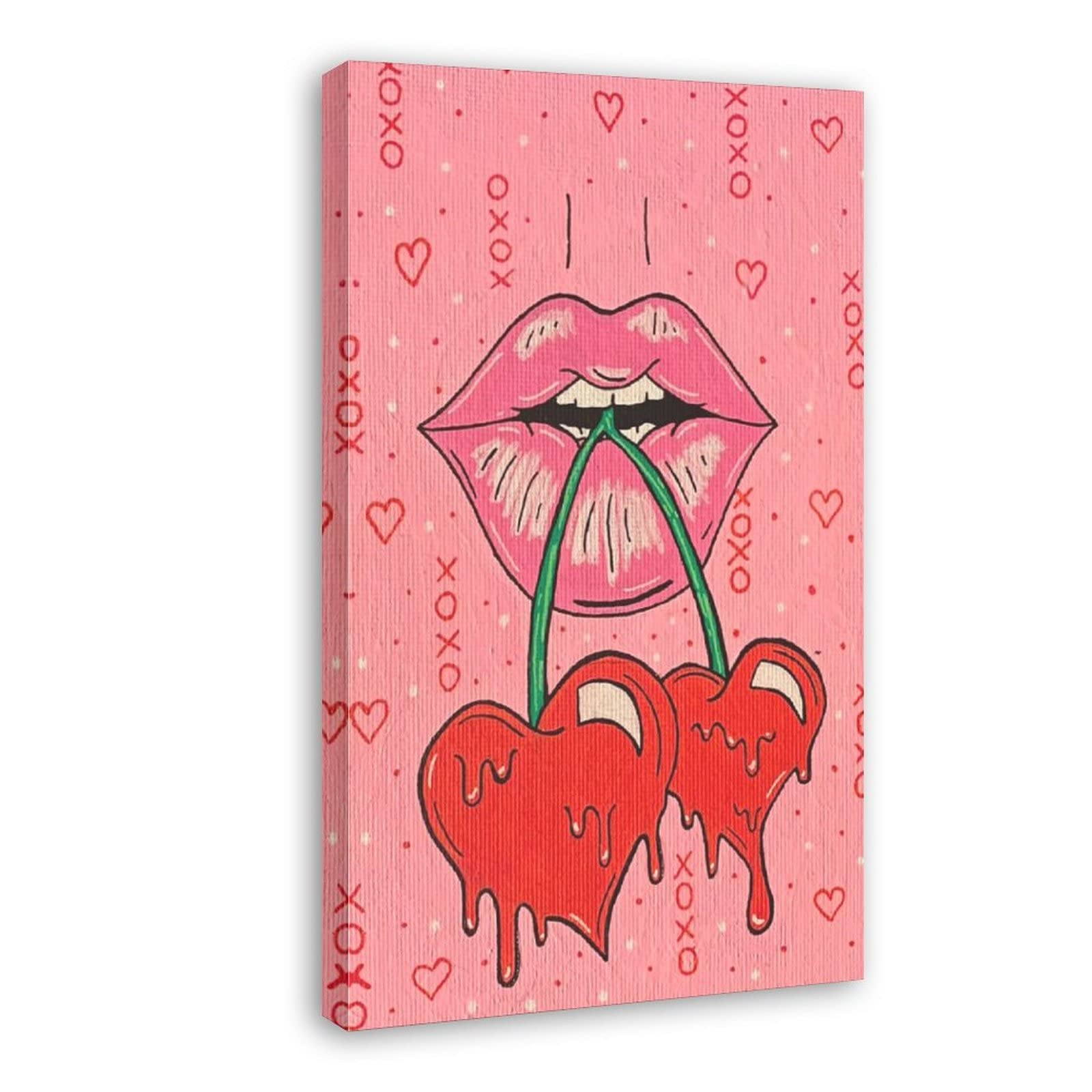 Pink Cherry Mouth Aesthetic Art Poster - 24x36 Inch (60x90cm) Framed Canvas Wall Decor for Girls Bedroom, Office & Gift Ideas | Perfect for Teen Room, Dorm Decor & Artistic Home Decoration