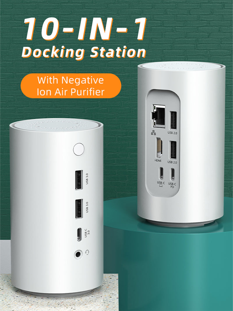 10-in-1 USB-C Docking Station with Negative Ion Air Purifier - Multi-Port Hub for Laptop, Phone & Tablet - Perfect for Home Office, Gaming & Travel