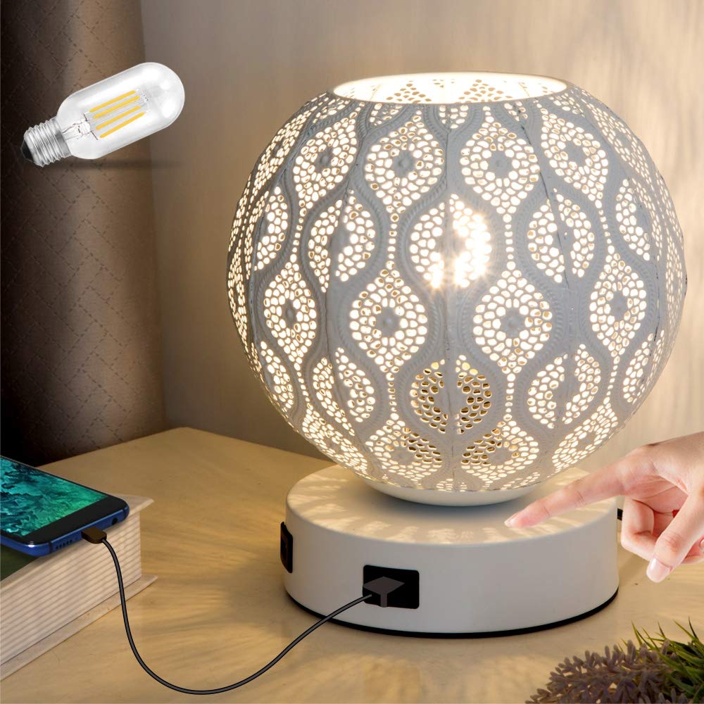 3-Way Dimmable Table Lamp with Dual USB Ports & Edison Bulb - Modern Globe Bedside Lamp for Bedroom, Living Room & Office - Touch Control Night Light for Reading, Working & Relaxing (White)