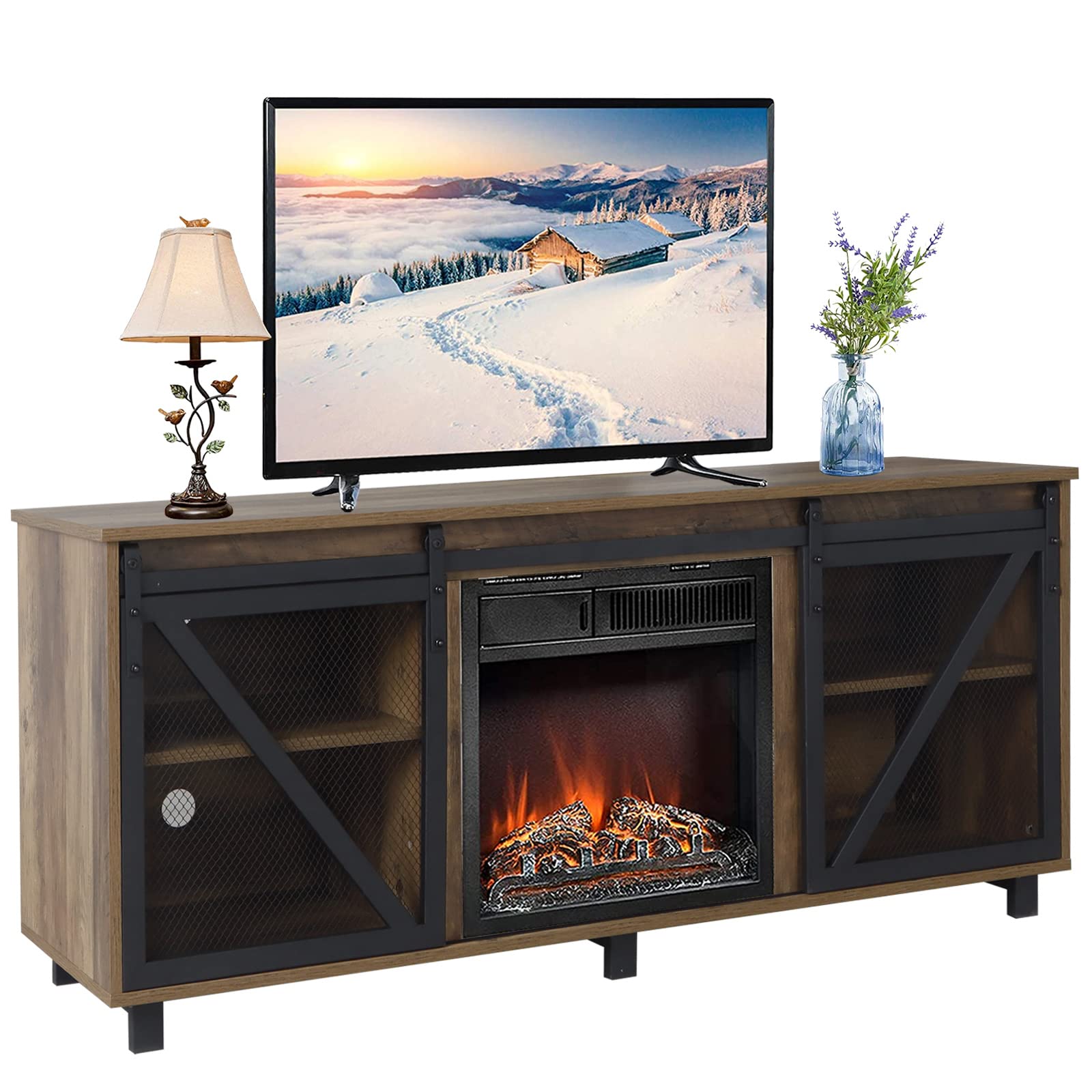 Farmhouse TV Stand with Electric Fireplace for 65 Inch TVs - Rustic Wooden Entertainment Center with Barn Doors & Adjustable Shelves, 58