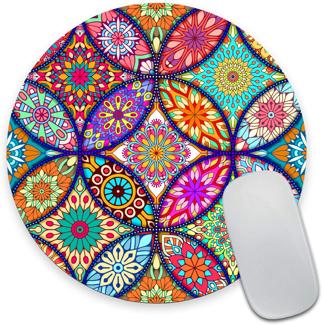 Round Mandala Mouse Pad - Non-Slip Rubber Base, Waterproof Office Mouse Mat for Women (7.9 x 7.9 Inch) - Perfect for Laptop, PC, Gaming & Home Office Decor